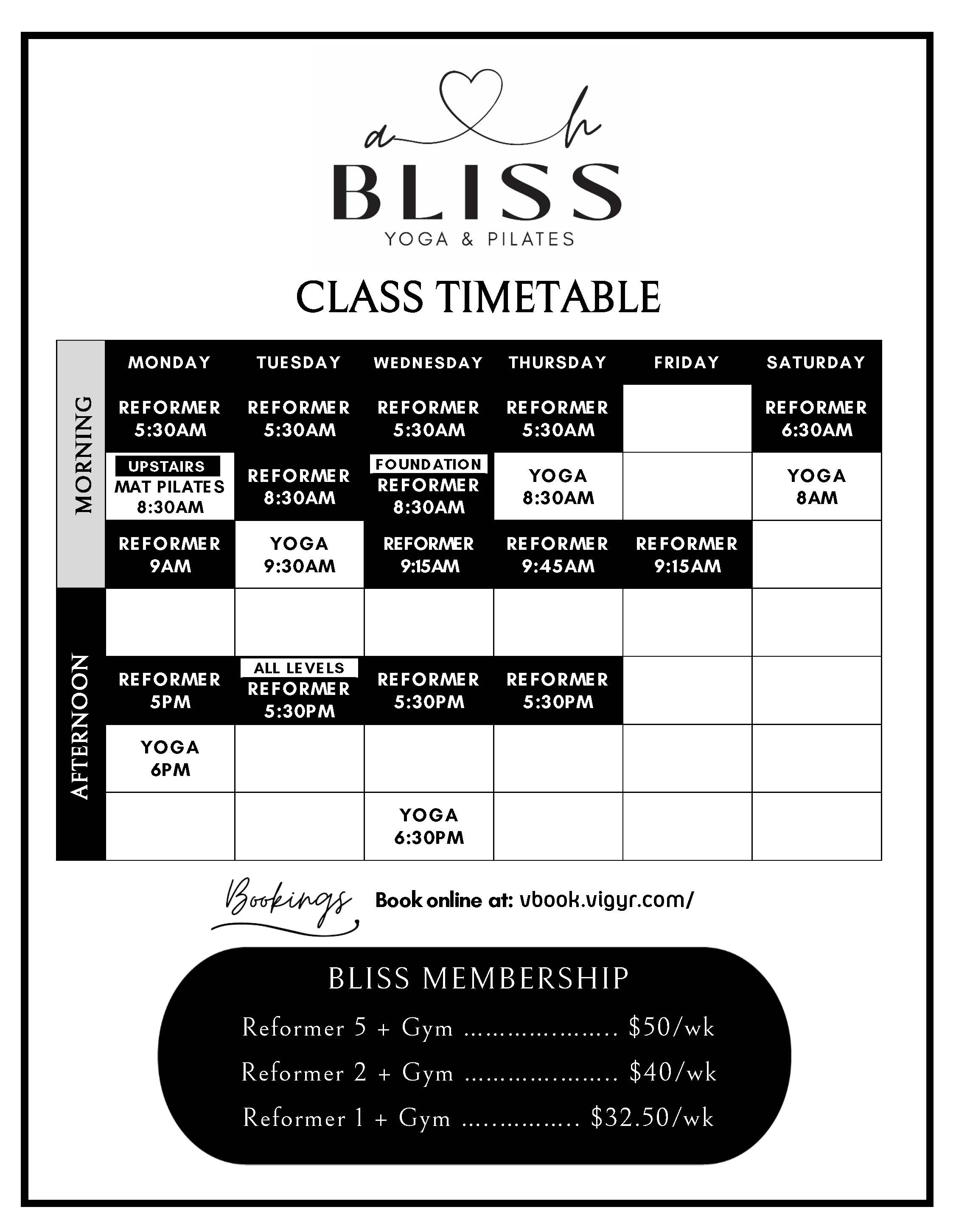 Reformer Timetable